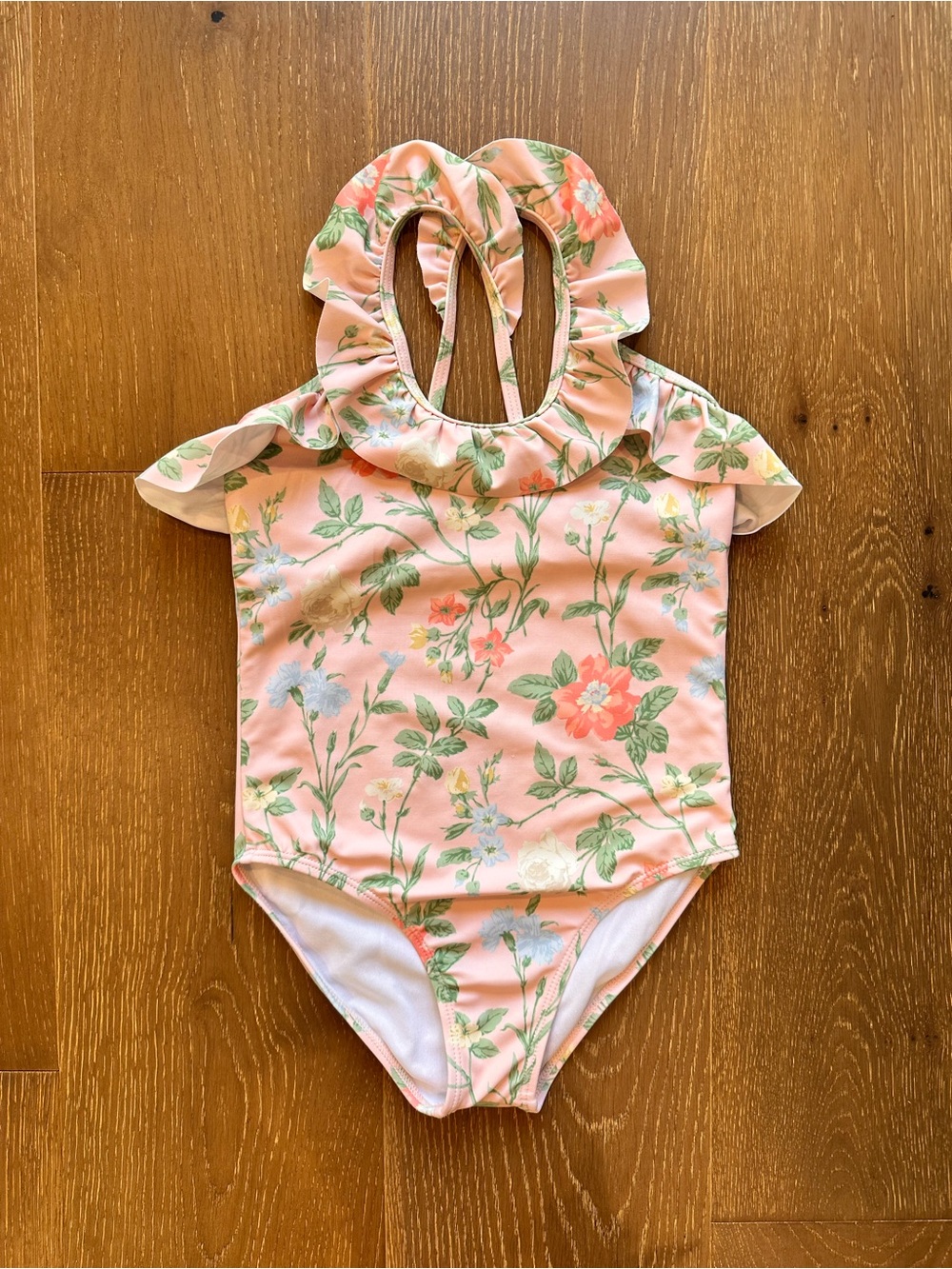 Janie and Jack Floral Ruffle One-Piece Swimsuit - peach size 7